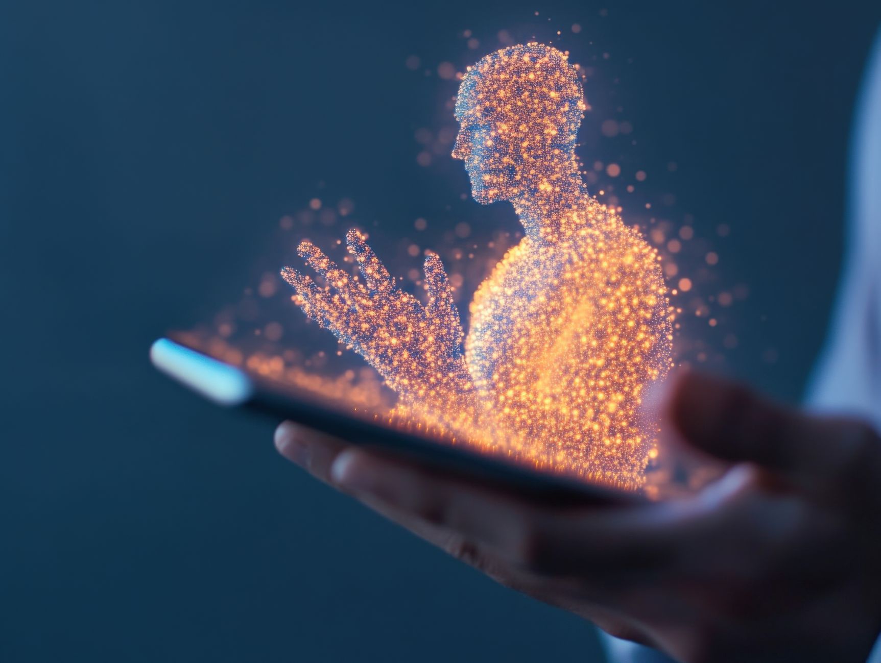 Hologram in human form coming out of a tablet.